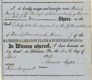 Manheim and Lebanon Plank and Turnpike Road Co. - 1857 dated Turnpike Stock Certificate